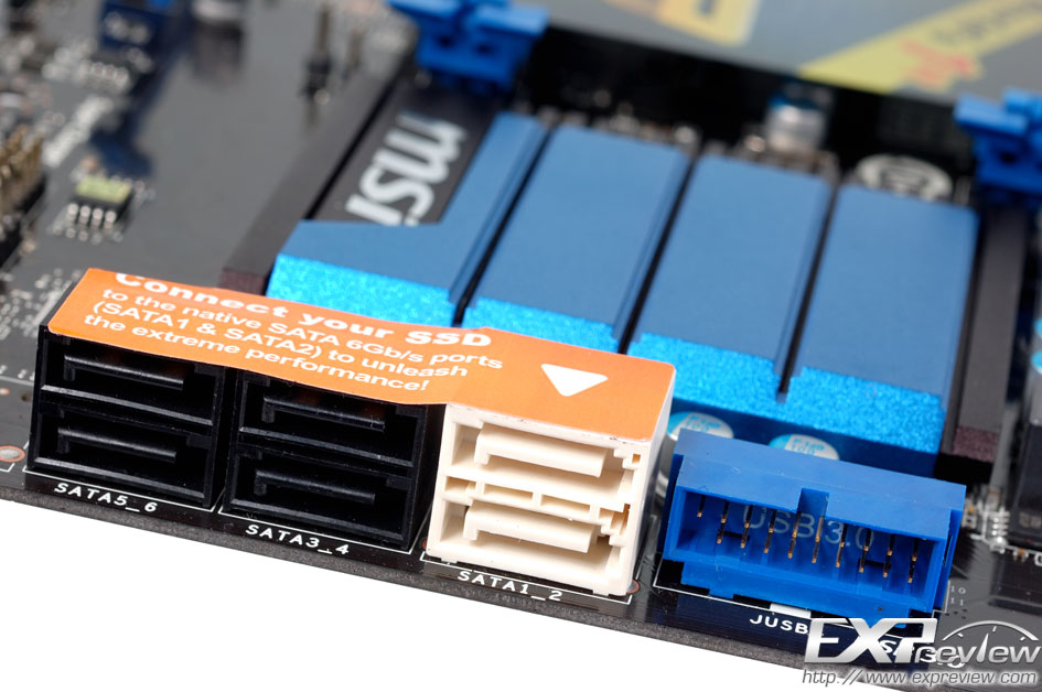 有六个原生的sata接口,其中白色的为sata 6gbps,在sata旁则是19pin的